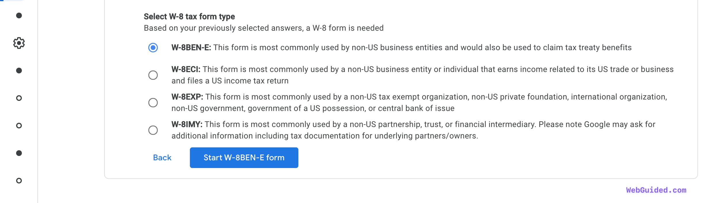 Google AdSense Right Tax Form Selection start