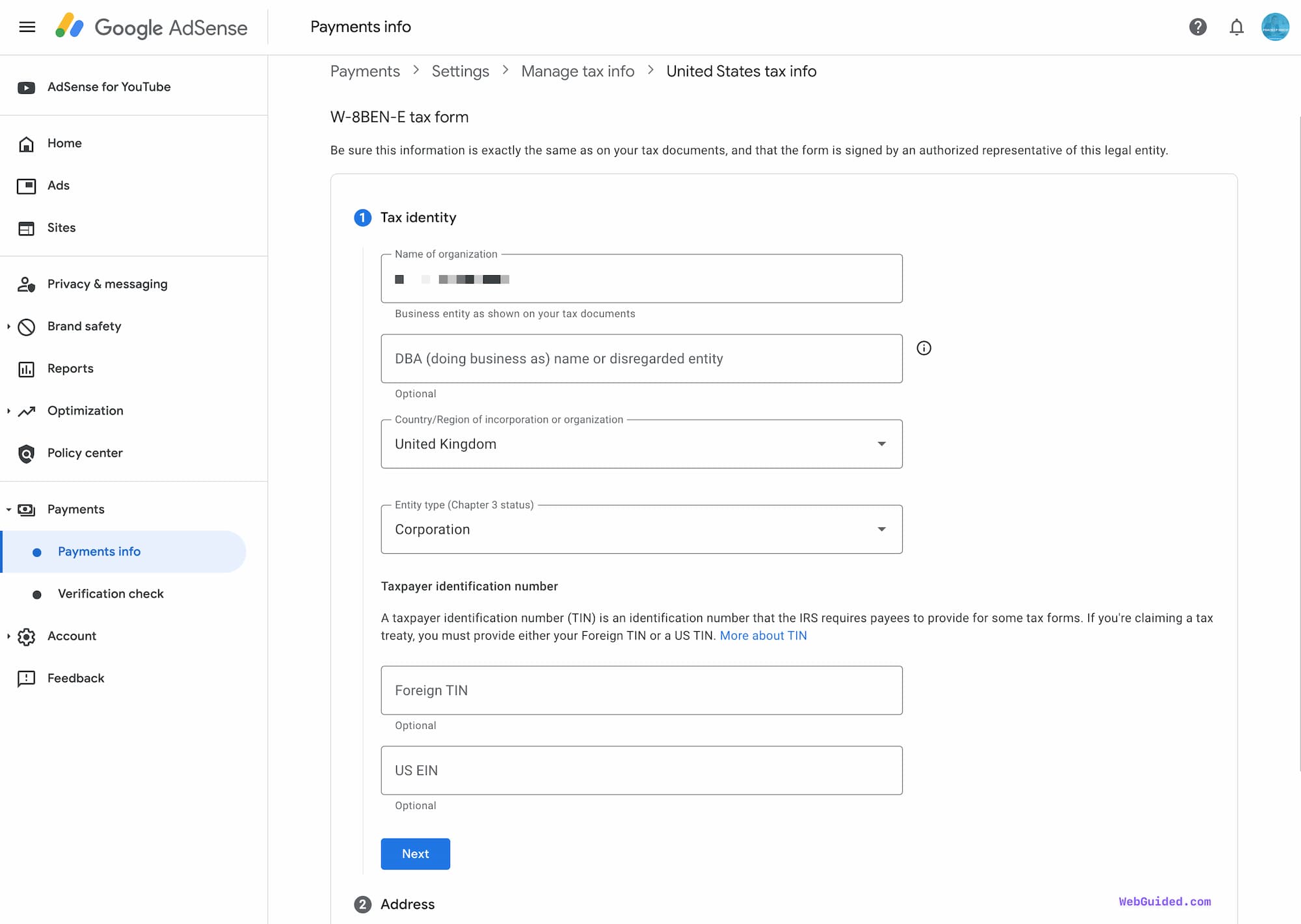 Google AdSense manage Tax Information Form Process